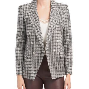 Elie Tahari Women's Black Plaid Double Breasted Preppy Tweed Jacket $395 NWT LG